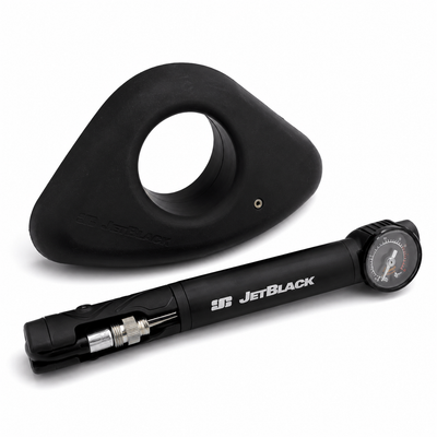 JetBlack bicycle pump and matching black triangular tire iron set on a clean white background.