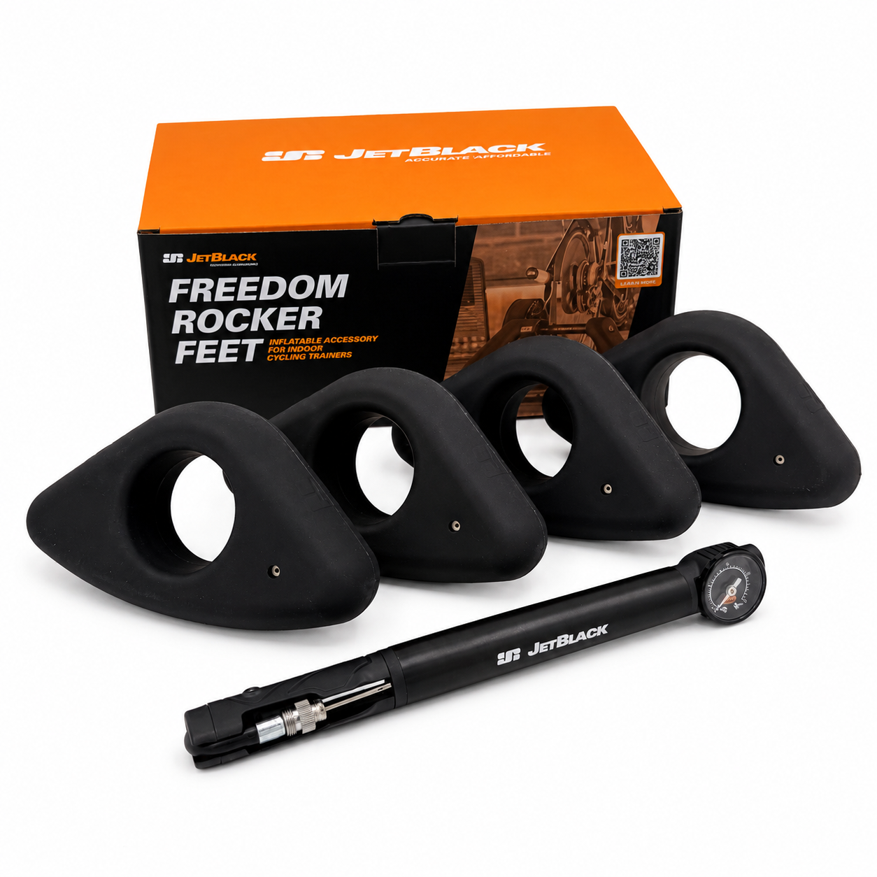 JetBlack Freedom Rocker Feet set with four black triangular non-slip foot pads and a black pump, shown in front of an orange and black JetBlack product box on a white background.